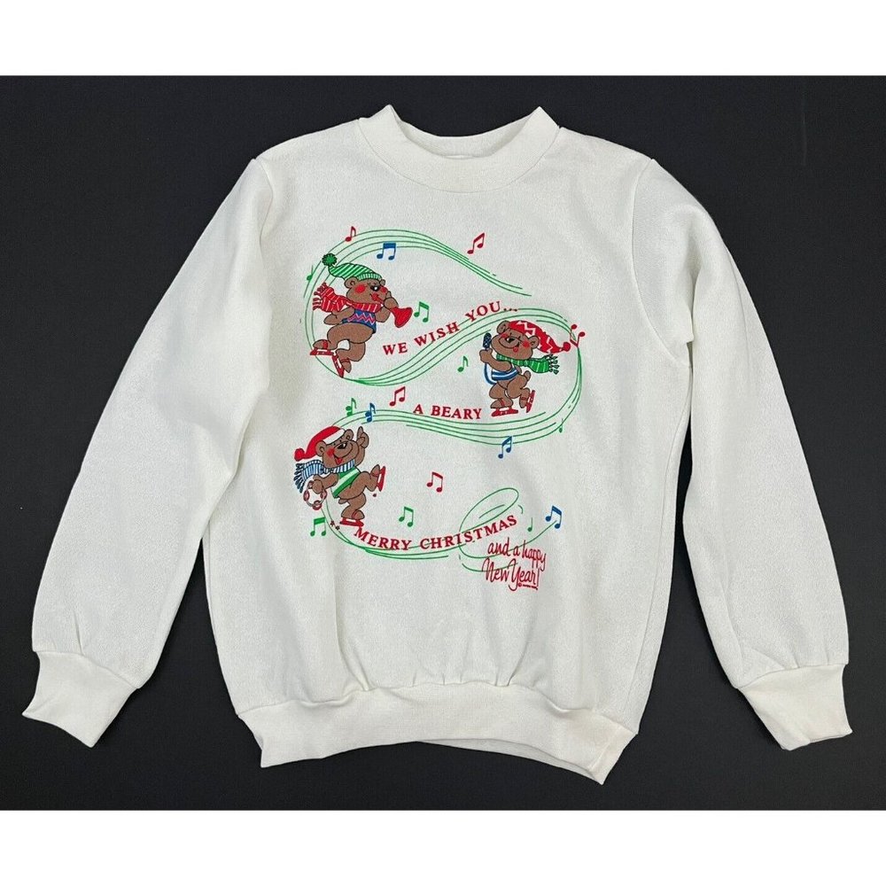 Vintage 80s Children's M Holiday Christmas Sweatshirt Teddy Bear Wish You Merry